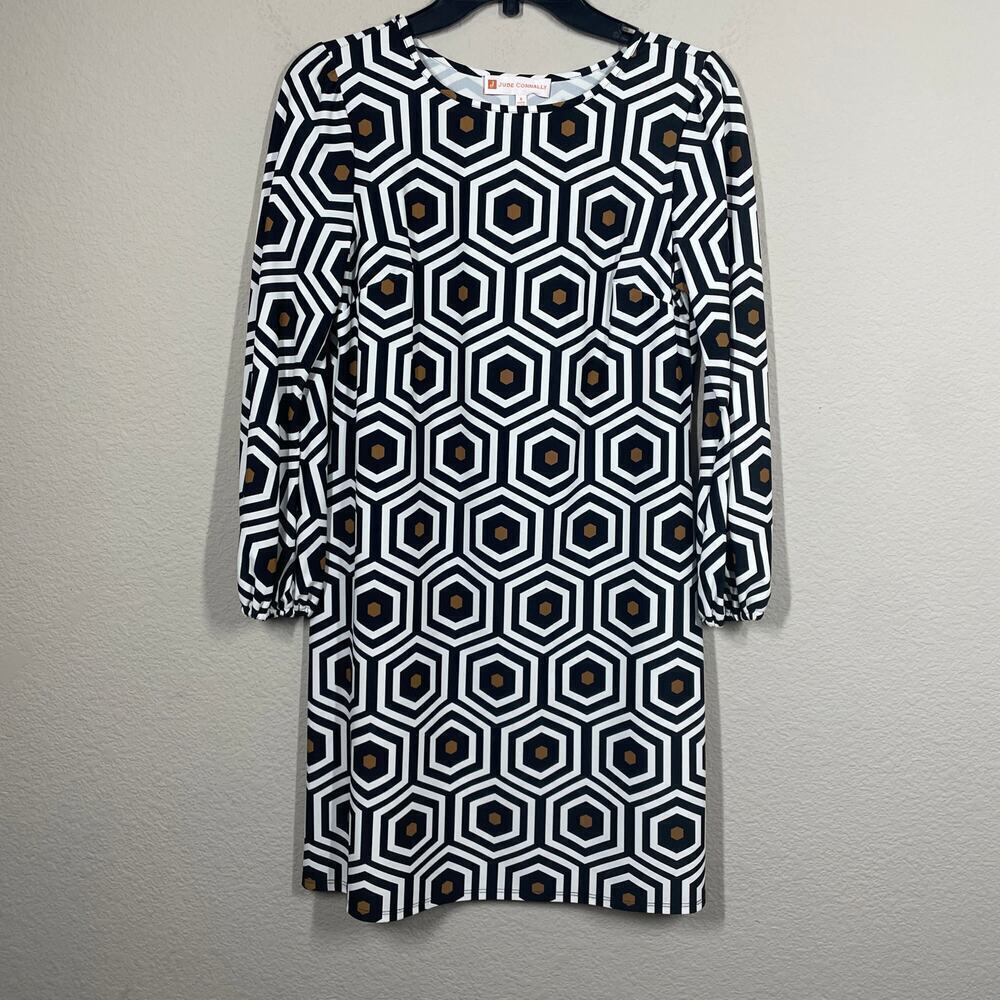 Jude Connally Small Geo Honeycomb Shift Dress Black White Crew Neck Long Sleeves